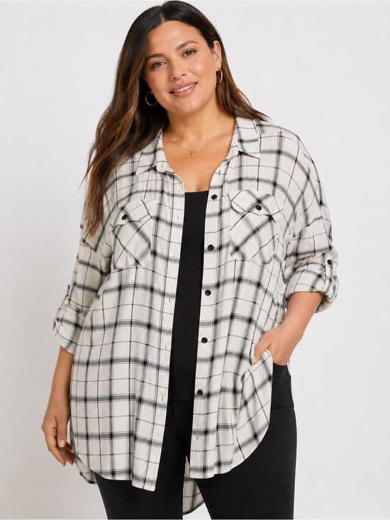 torrid Tops - Torrid Ivory & Black Plaid Button-Up Tunic Shirt – Size 2 / 2X
